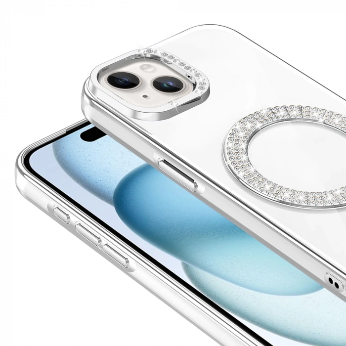 Apple iPhone 15 Kılıf Pırlanta Taş Tasarımlı M-safe Şarj Özellikli Zore Karetta Silikon Kapak