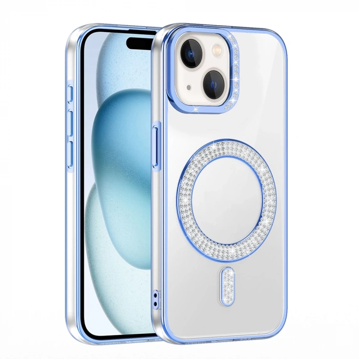 Apple iPhone 15 Kılıf Pırlanta Taş Tasarımlı M-safe Şarj Özellikli Zore Karetta Silikon Kapak