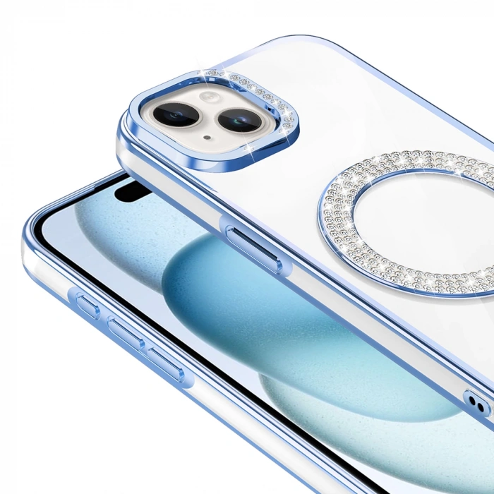 Apple iPhone 15 Kılıf Pırlanta Taş Tasarımlı M-safe Şarj Özellikli Zore Karetta Silikon Kapak