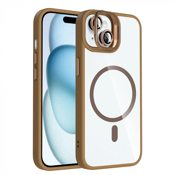 Apple iPhone 15 Kılıf Standlı ve Kamera Lens Hediyeli M-Safe Şarj Özellikli Zore Etro Kapak