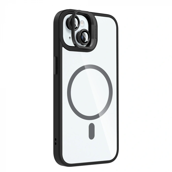 Apple iPhone 15 Kılıf Standlı ve Kamera Lens Hediyeli M-Safe Şarj Özellikli Zore Etro Kapak