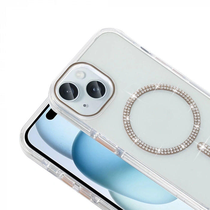 Apple iPhone 15 Kılıf Taşlı Tasarım M-safe Şarj Özellikli Zore Koment Silikon Kapak