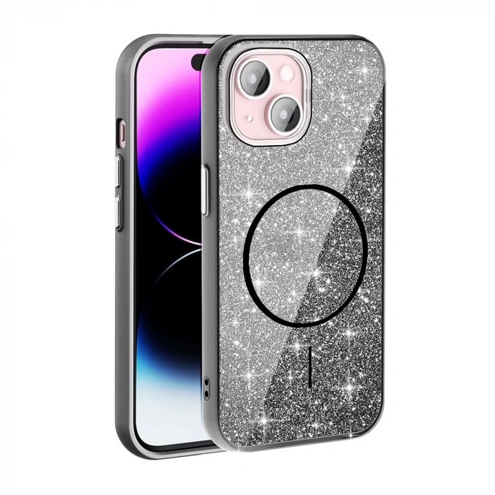 Apple iPhone 15 Plus Kılıf M-safe Şarj Özellikli Parlayan Simli Zore Okso Kapak