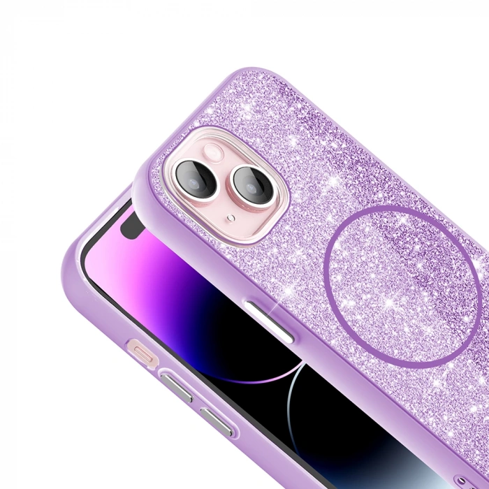 Apple iPhone 15 Plus Kılıf M-safe Şarj Özellikli Parlayan Simli Zore Okso Kapak