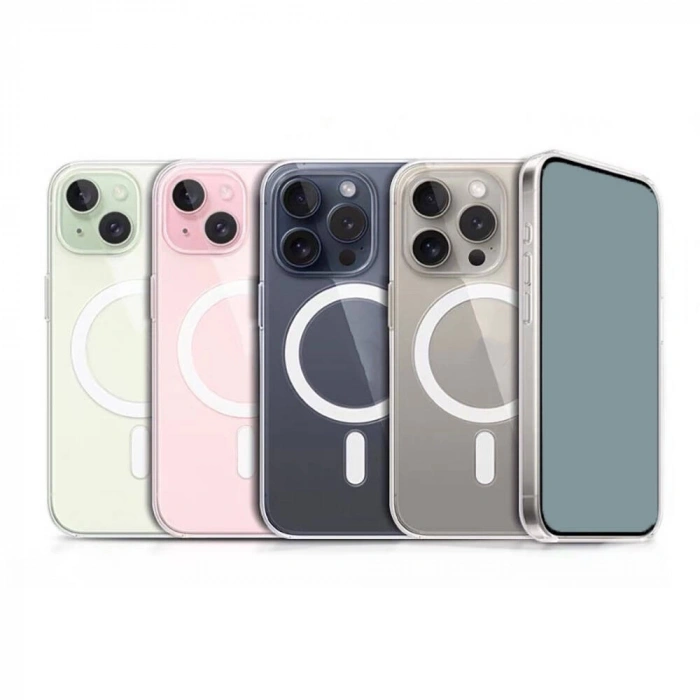 Apple iPhone 15 Plus Kılıf M-safe Şarj Özellikli Şeffaf Sert PC Zore Embos Kapak