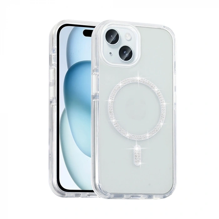 Apple iPhone 15 Plus Kılıf Taşlı Tasarım M-safe Şarj Özellikli Zore Koment Silikon Kapak