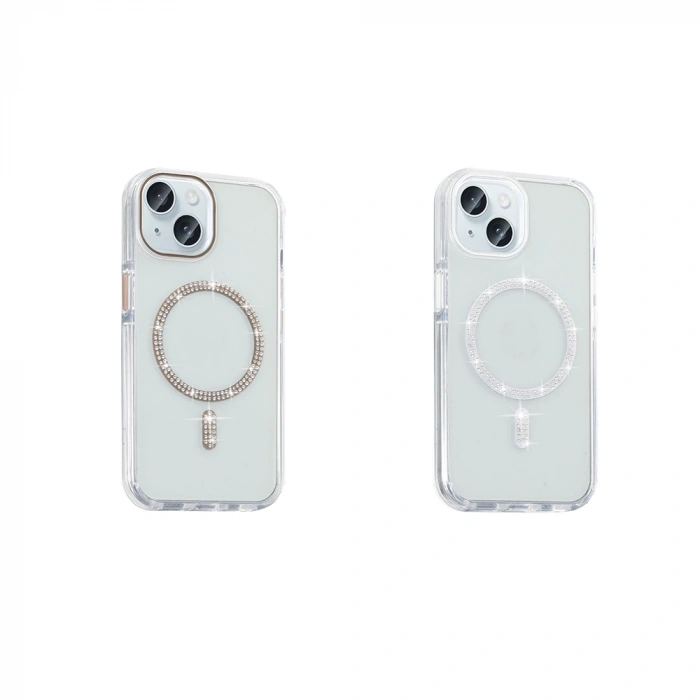 Apple iPhone 15 Plus Kılıf Taşlı Tasarım M-safe Şarj Özellikli Zore Koment Silikon Kapak