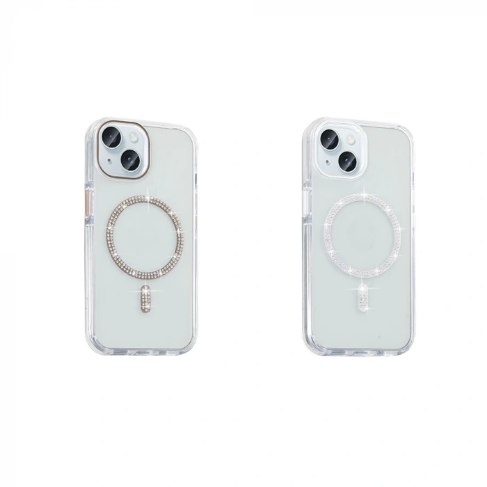 Apple iPhone 15 Plus Kılıf Taşlı Tasarım M-safe Şarj Özellikli Zore Koment Silikon Kapak