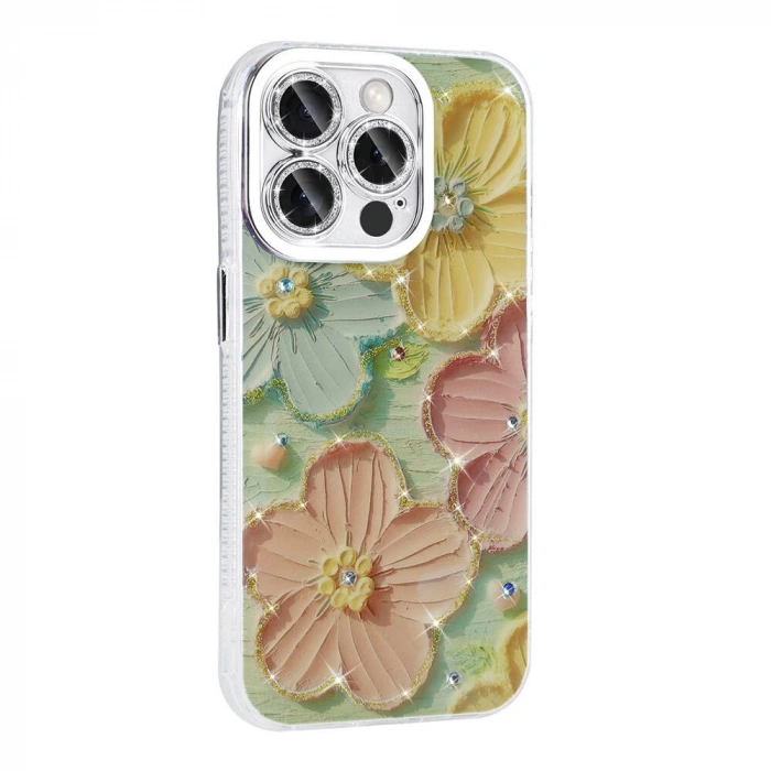Apple iPhone 15 Pro Kılıf Çiçek Desenli Parlak Taşlı Sert Silikon Zore Garden Kapak