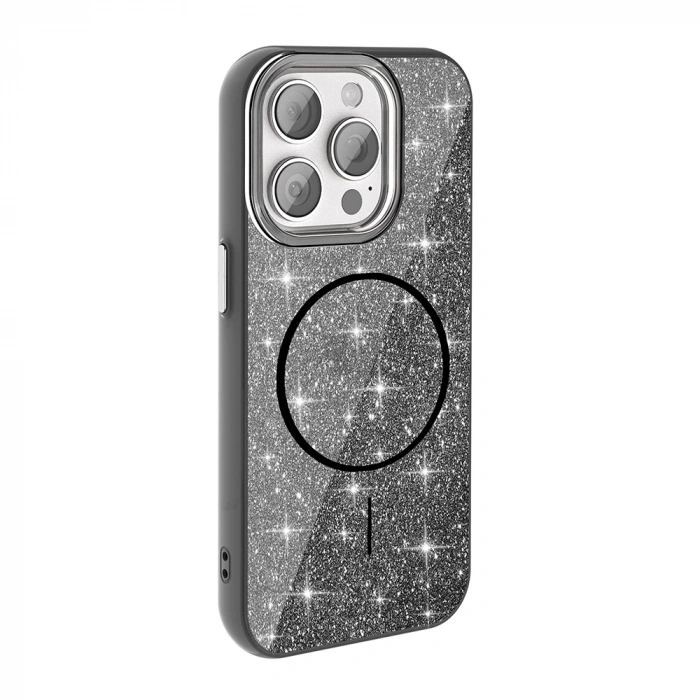 Apple iPhone 15 Pro Kılıf M-safe Şarj Özellikli Parlayan Simli Zore Okso Kapak