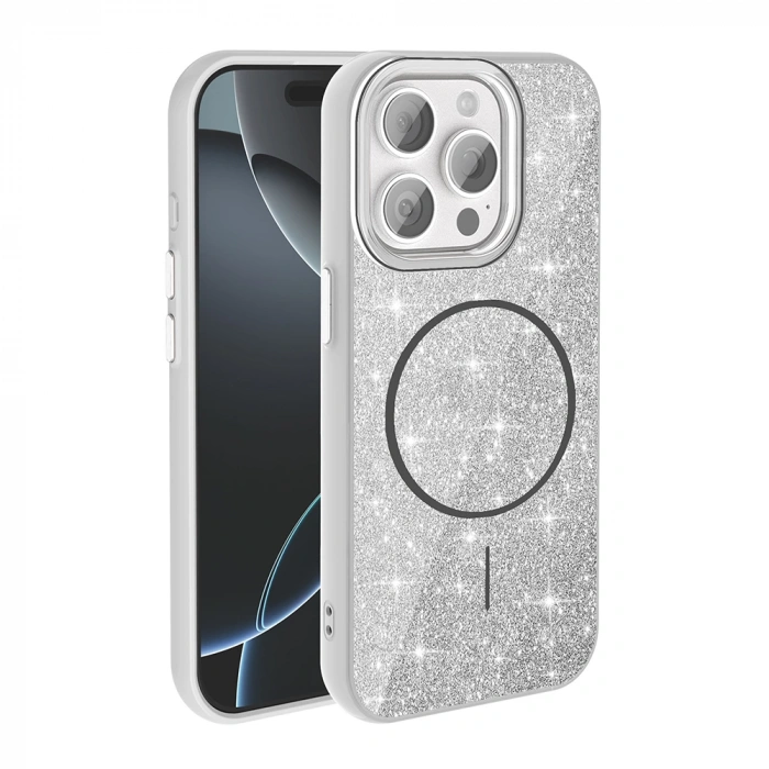 Apple iPhone 15 Pro Kılıf M-safe Şarj Özellikli Parlayan Simli Zore Okso Kapak