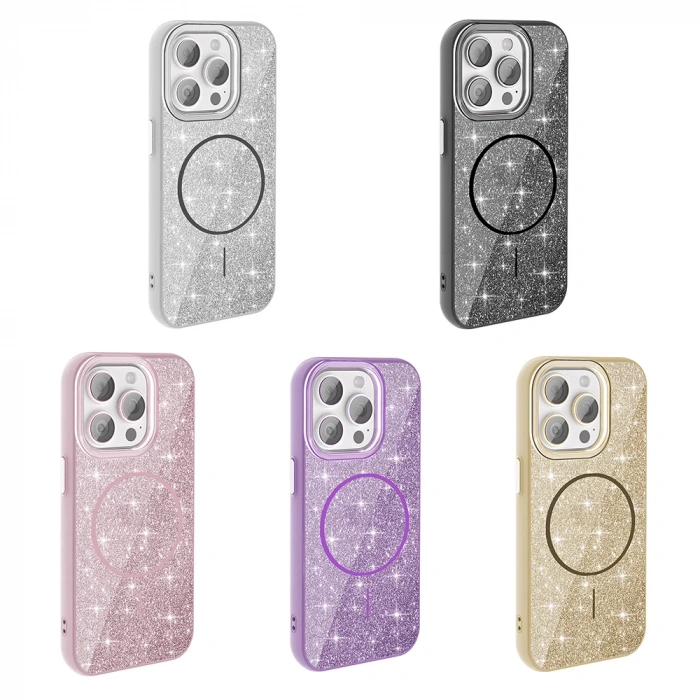 Apple iPhone 15 Pro Kılıf M-safe Şarj Özellikli Parlayan Simli Zore Okso Kapak