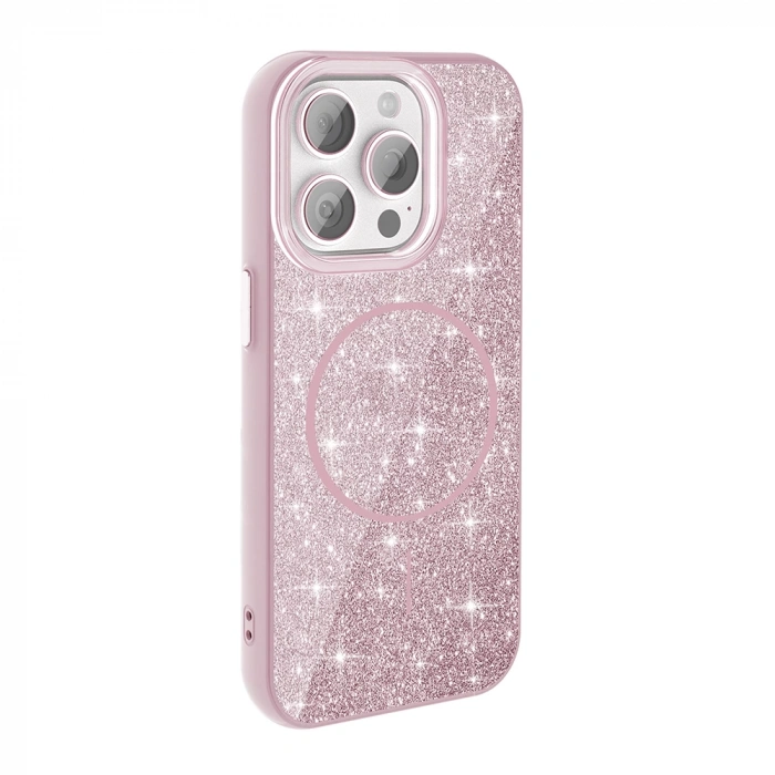 Apple iPhone 15 Pro Kılıf M-safe Şarj Özellikli Parlayan Simli Zore Okso Kapak