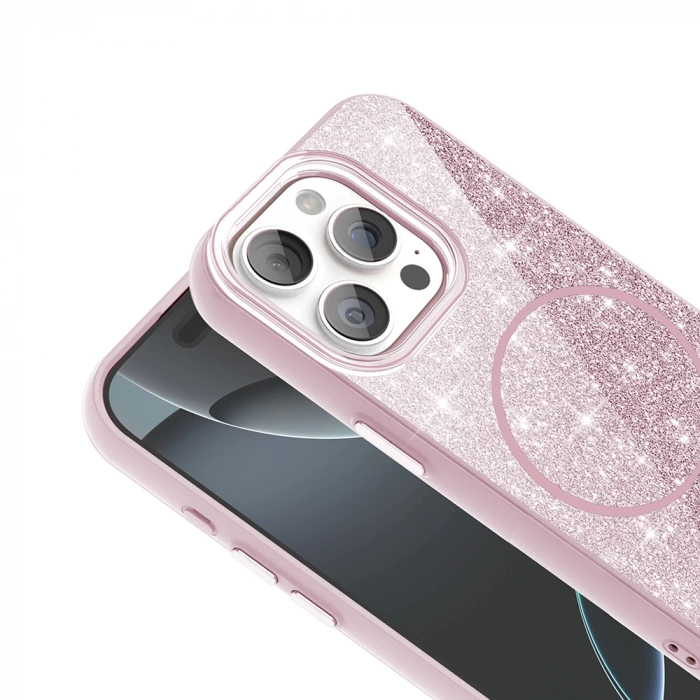 Apple iPhone 15 Pro Kılıf M-safe Şarj Özellikli Parlayan Simli Zore Okso Kapak