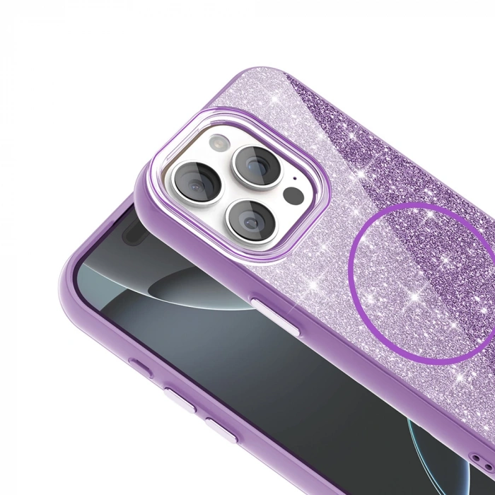 Apple iPhone 15 Pro Kılıf M-safe Şarj Özellikli Parlayan Simli Zore Okso Kapak