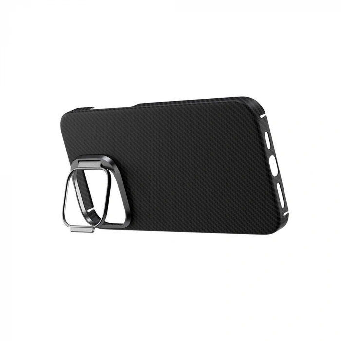 Apple iPhone 15 Pro Kılıf M-safe Şarj Özellikli 600D Kevlar Zore Krek Karbon Standlı Kapak