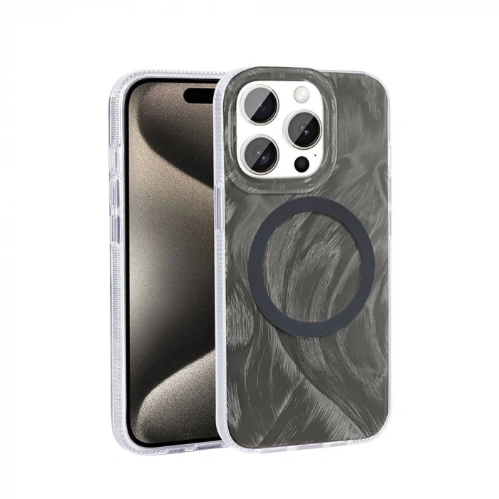 Apple iPhone 15 Pro Kılıf M-safe Şarj Özellikli Fırça Boya Desenli Zore Palet Kapak