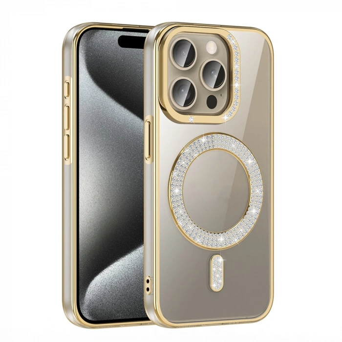 Apple iPhone 15 Pro Kılıf Pırlanta Taş Tasarımlı M-safe Şarj Özellikli Zore Karetta Silikon Kapak