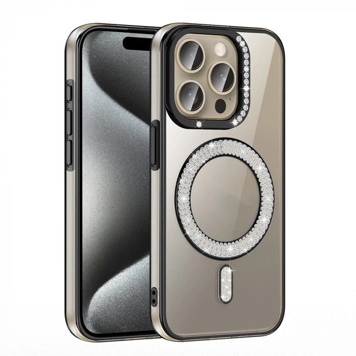 Apple iPhone 15 Pro Kılıf Pırlanta Taş Tasarımlı M-safe Şarj Özellikli Zore Karetta Silikon Kapak