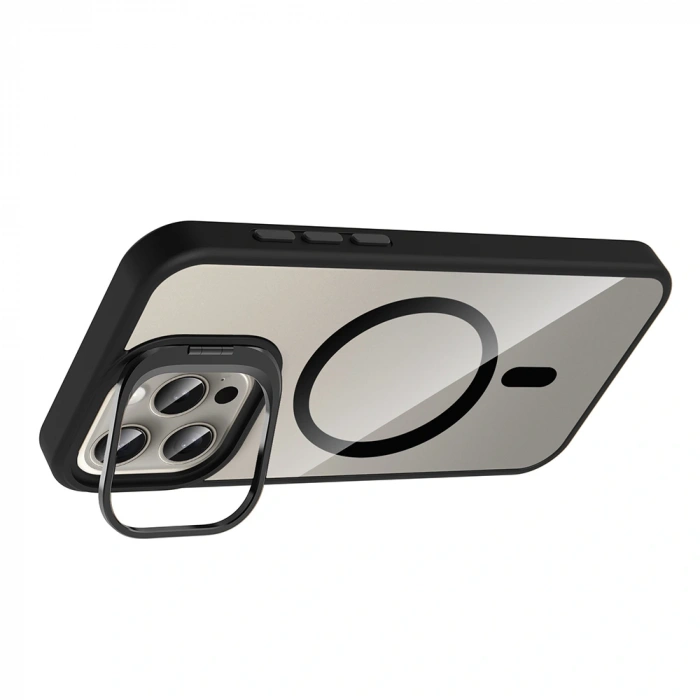 Apple iPhone 15 Pro Kılıf Standlı ve Kamera Lens Hediyeli M-Safe Şarj Özellikli Zore Etro Kapak