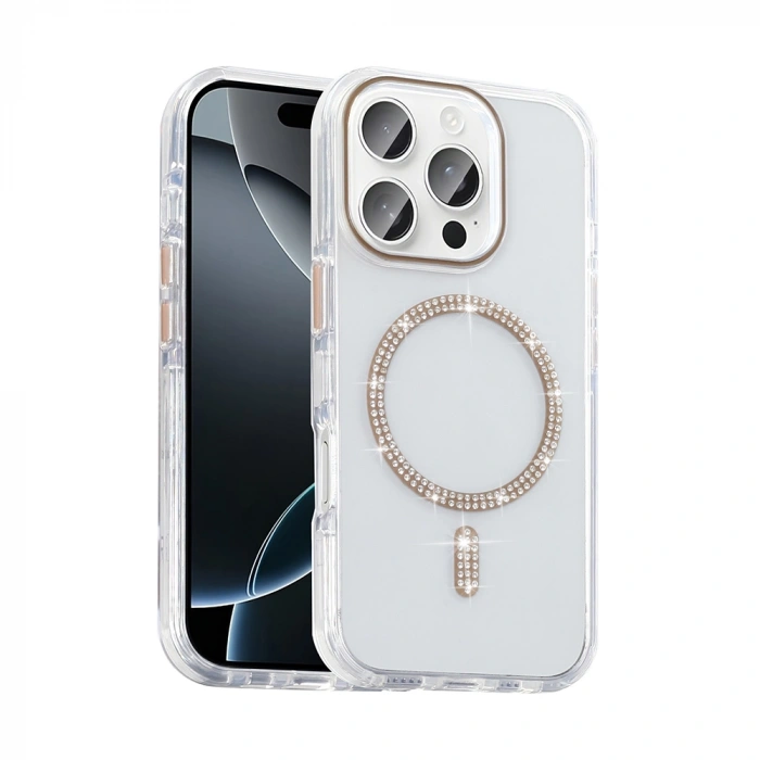 Apple iPhone 15 Pro Kılıf Taşlı Tasarım M-safe Şarj Özellikli Zore Koment Silikon Kapak