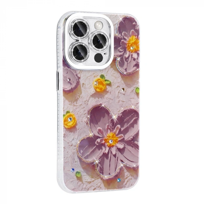 Apple iPhone 15 Pro Max Kılıf Çiçek Desenli Parlak Taşlı Sert Silikon Zore Garden Kapak