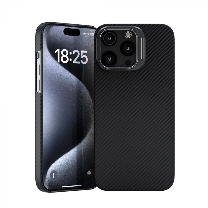 Apple iPhone 15 Pro Max Kılıf M-safe Şarj Özellikli 600D Kevlar Zore Krek Karbon Standlı Kapak