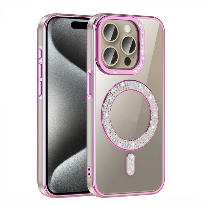 Apple iPhone 15 Pro Max Kılıf Pırlanta Taş Tasarımlı M-safe Şarj Özellikli Zore Karetta Silikon Kapak