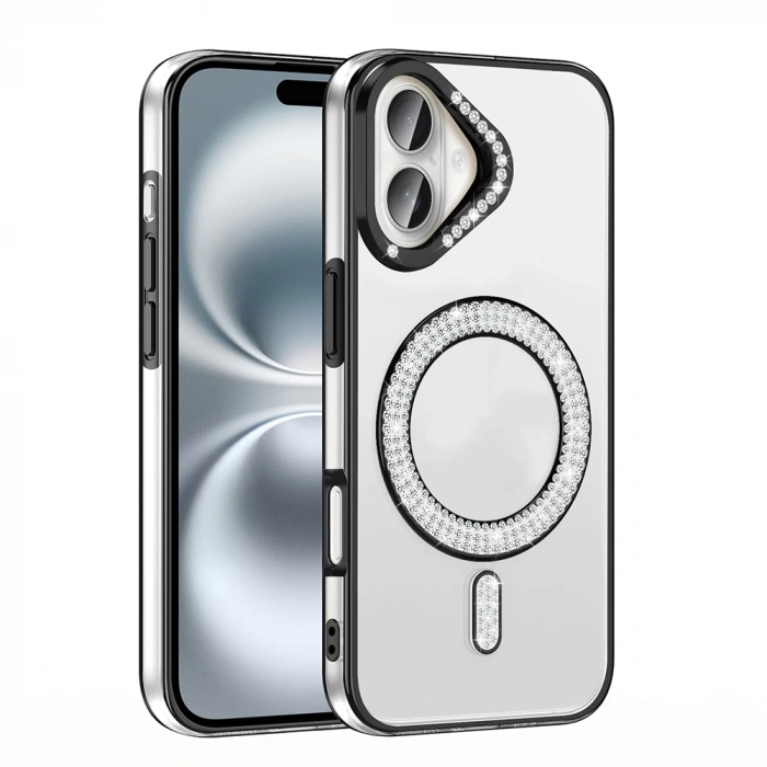 Apple iPhone 16 Kılıf Pırlanta Taş Tasarımlı M-safe Şarj Özellikli Zore Karetta Silikon Kapak