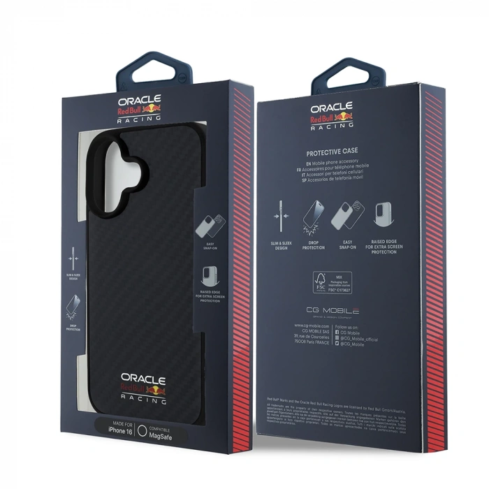 Apple iPhone 16 Kılıf Redbull Orjinal Lisanslı M-safe Şarj Özellikli Karbon Fiber Tasarımlı Parlayan Logolu Kapak