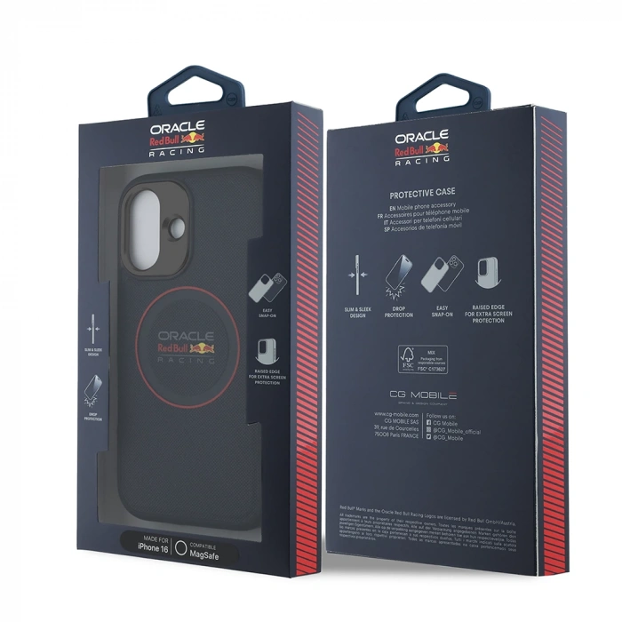 Apple iPhone 16 Kılıf Redbull Orjinal Lisanslı M-safe Şarj Özellikli Kırmızı Halka ve Logo Kabartmalı PU Deri Kapak