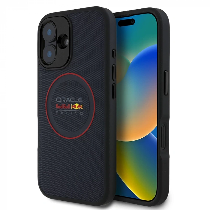 Apple iPhone 16 Kılıf Redbull Orjinal Lisanslı M-safe Şarj Özellikli Kırmızı Halka ve Logo Kabartmalı PU Deri Kapak