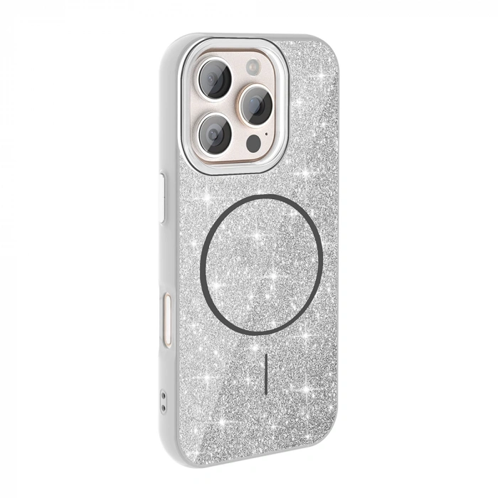 Apple iPhone 16 Pro Kılıf M-safe Şarj Özellikli Parlayan Simli Zore Okso Kapak