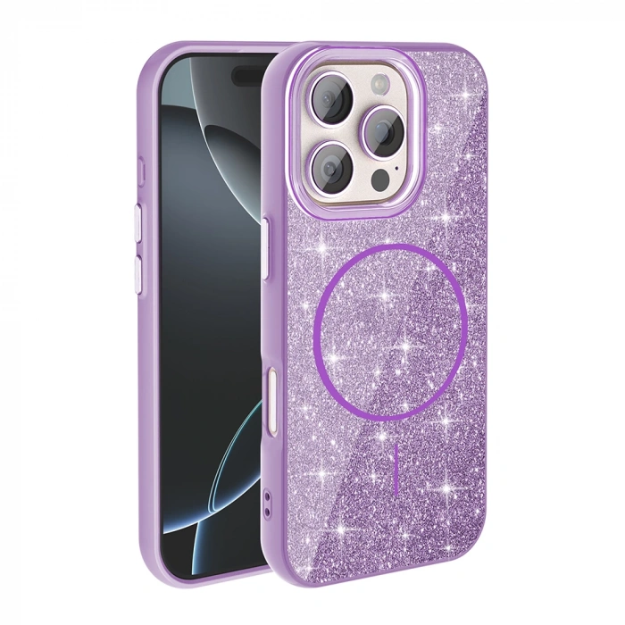 Apple iPhone 16 Pro Kılıf M-safe Şarj Özellikli Parlayan Simli Zore Okso Kapak