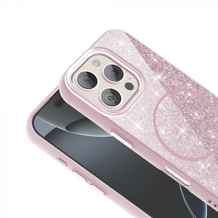 Apple iPhone 16 Pro Kılıf M-safe Şarj Özellikli Parlayan Simli Zore Okso Kapak