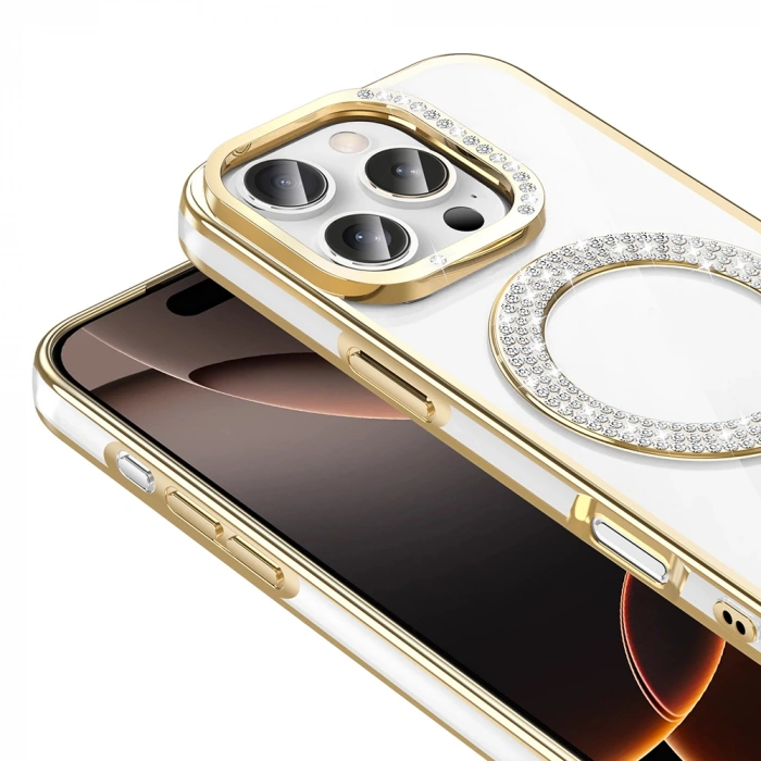 Apple iPhone 16 Pro Kılıf Pırlanta Taş Tasarımlı M-safe Şarj Özellikli Zore Karetta Silikon Kapak