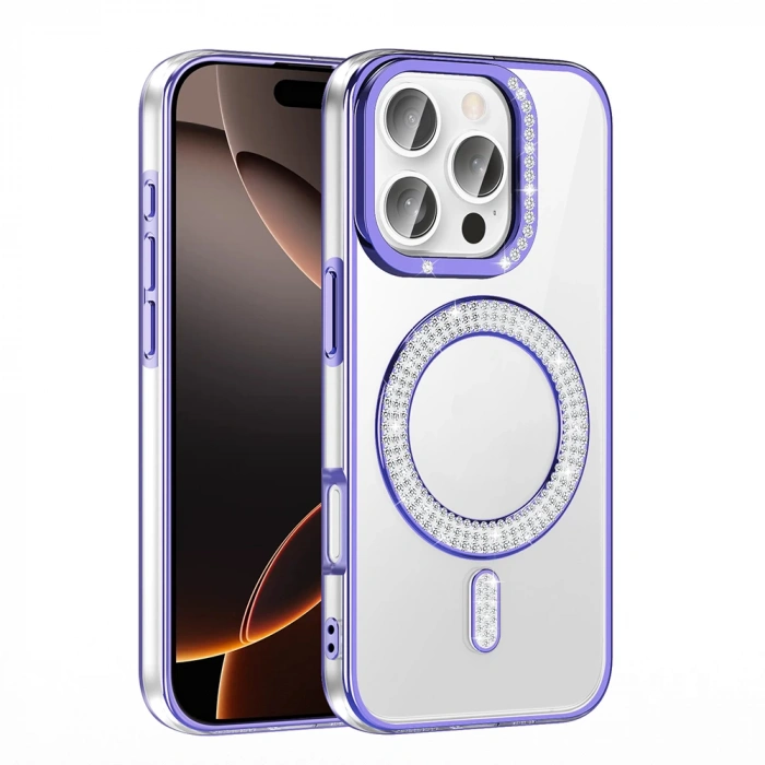 Apple iPhone 16 Pro Max Kılıf Pırlanta Taş Tasarımlı M-safe Şarj Özellikli Zore Karetta Silikon Kapak