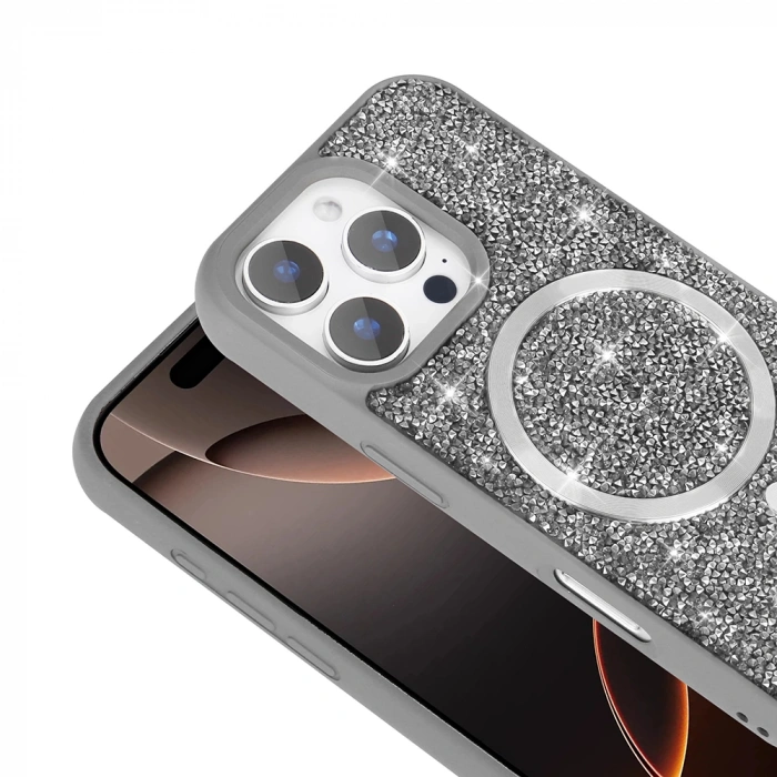 Apple iPhone 16 Pro Max Kılıf Pırlanta Tasarımlı M-safe Şarj Özellikli Zore Mozaik Silikon Kapak