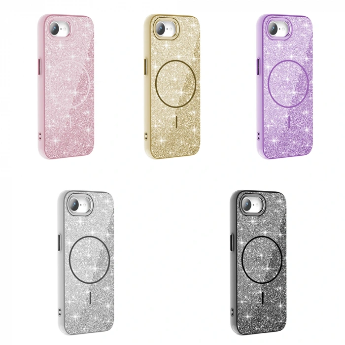 Apple iPhone 16E Kılıf M-safe Şarj Özellikli Parlayan Simli Zore Okso Kapak