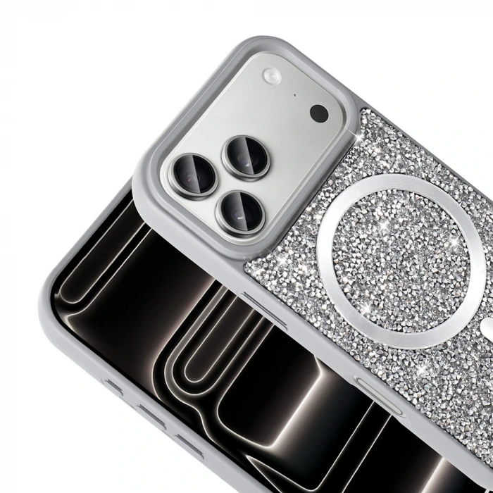 Apple iPhone 17 Pro Kılıf Pırlanta Tasarımlı M-safe Şarj Özellikli Zore Mozaik Silikon Kapak