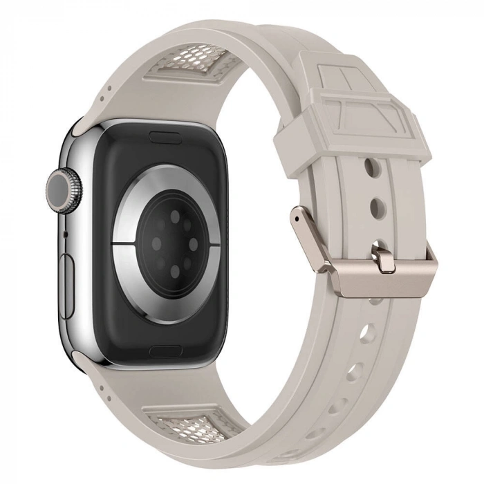 Apple Watch 42mm Zore KRD-117 Hava Alabilen Delikli Metal Süslemeli Desenli Silikon Kordon