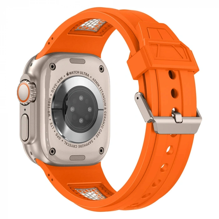 Apple Watch Ultra 49mm Zore KRD-117 Hava Alabilen Delikli Metal Süslemeli Desenli Silikon Kordon