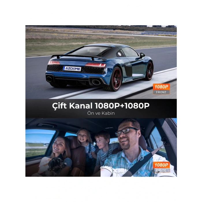 Azdome V600 Çift Kameralı Araç Içi Kamera 2.4” IPS Ekran, Su Geçirmez Arka Kamera, Geniş Açı, Gece Görüşü, G-Sensör