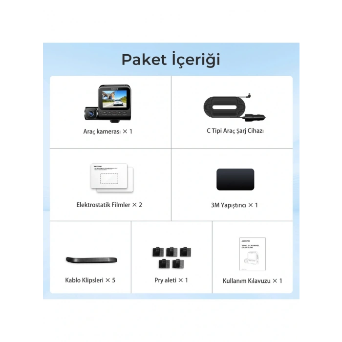 Azdome V600 Çift Kameralı Araç Içi Kamera 2.4” IPS Ekran, Su Geçirmez Arka Kamera, Geniş Açı, Gece Görüşü, G-Sensör