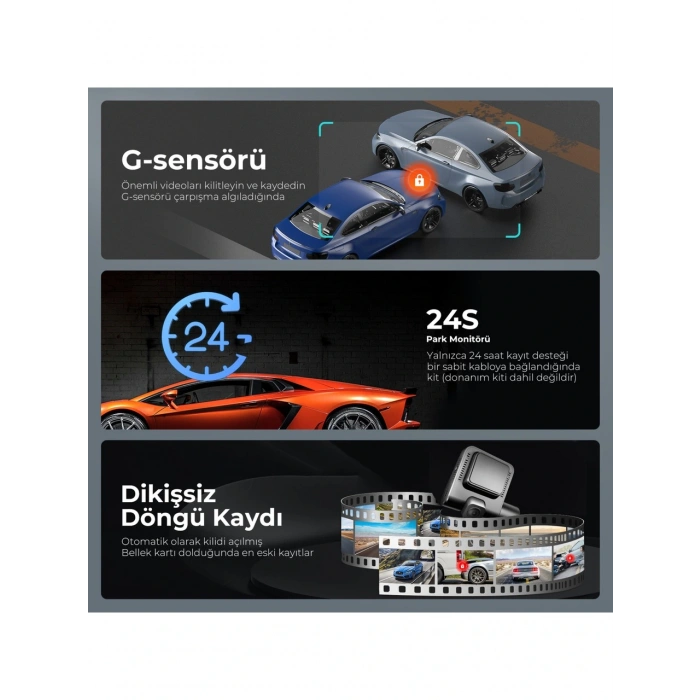 Azdome V600 Çift Kameralı Araç Içi Kamera 2.4” IPS Ekran, Su Geçirmez Arka Kamera, Geniş Açı, Gece Görüşü, G-Sensör