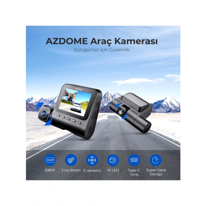 Azdome V600 Çift Kameralı Araç Içi Kamera 2.4” IPS Ekran, Su Geçirmez Arka Kamera, Geniş Açı, Gece Görüşü, G-Sensör