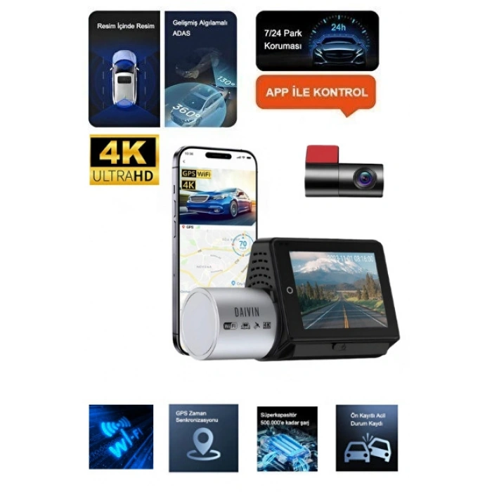 DAIVIN A6M 4k Qhd Wifi Adas 170° Ultra Geniş Açılı Gece Görüşlü Ön ve Arka Araç İçi Kamera
