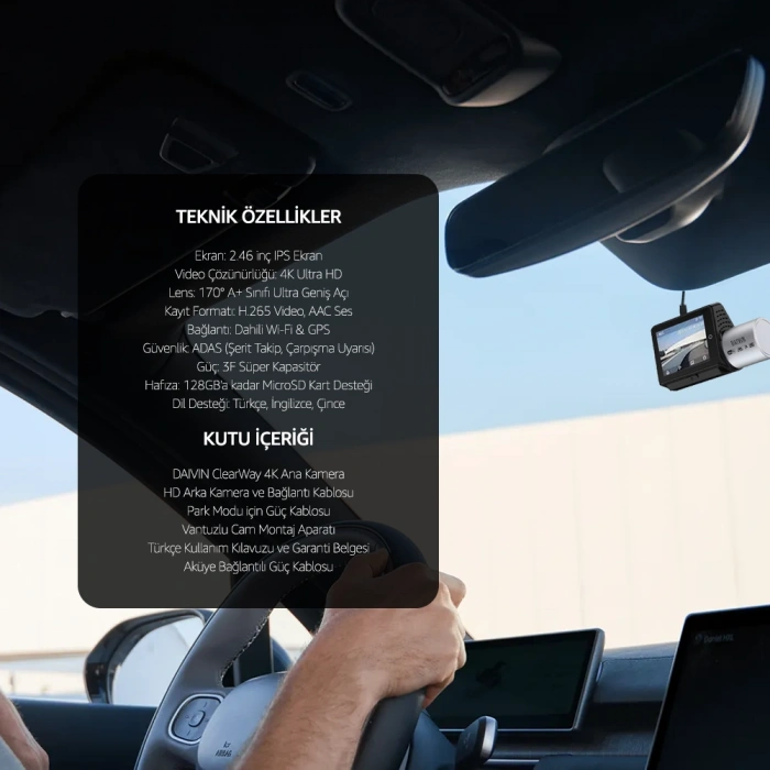 DAIVIN A6M 4k Qhd Wifi Adas 170° Ultra Geniş Açılı Gece Görüşlü Ön ve Arka Araç İçi Kamera