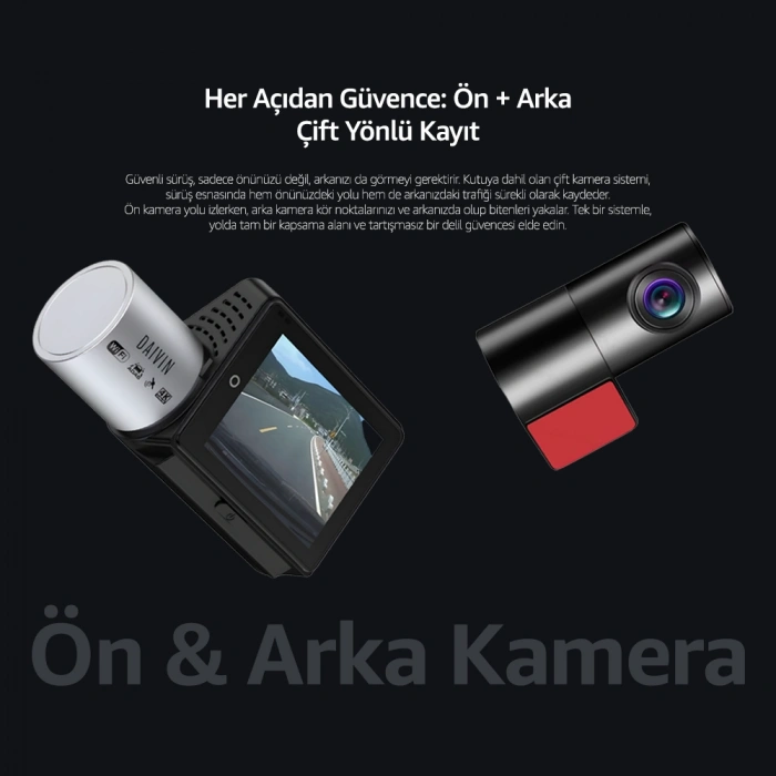 DAIVIN A6M 4k Qhd Wifi Adas 170° Ultra Geniş Açılı Gece Görüşlü Ön ve Arka Araç İçi Kamera