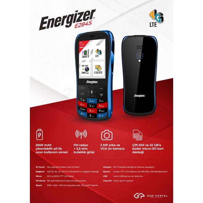 ENERGIZER E284S DUAL 4G BLACK-BLUE TUŞLU CEP TELEFONU (ENERGIZER TÜRKİYE GARANTİLİ)